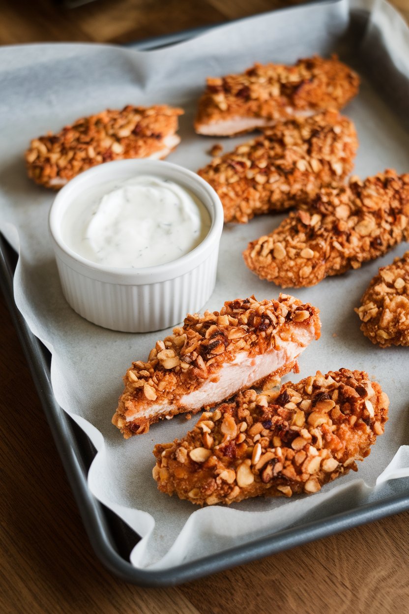 An indoor sheet pan with cooked almond-crusted chicken strips beside a ramekin of yogurt dip. Photo, no text or logos.