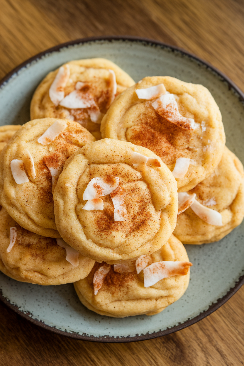 Photo prompt: Indoor shot of banana-coconut cookies sprinkled with toasted coconut flakes on a plate, no logos.