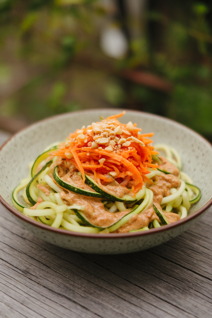 Indoor bowl of zucchini noodles tossed in a light peanut sauce, topped with grated carrots and crushed peanuts; no text or logos, photo style.