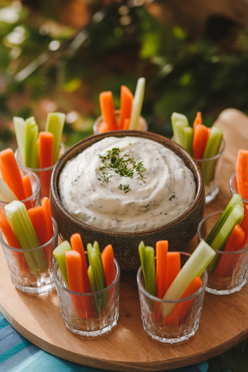 Indoor photo of a rustic bowl filled with thick white ranch-style dip, flecked with herbs, surrounded by upright carrot, celery, and bell-pepper sticks in small glasses. Warm overhead light, no logos.