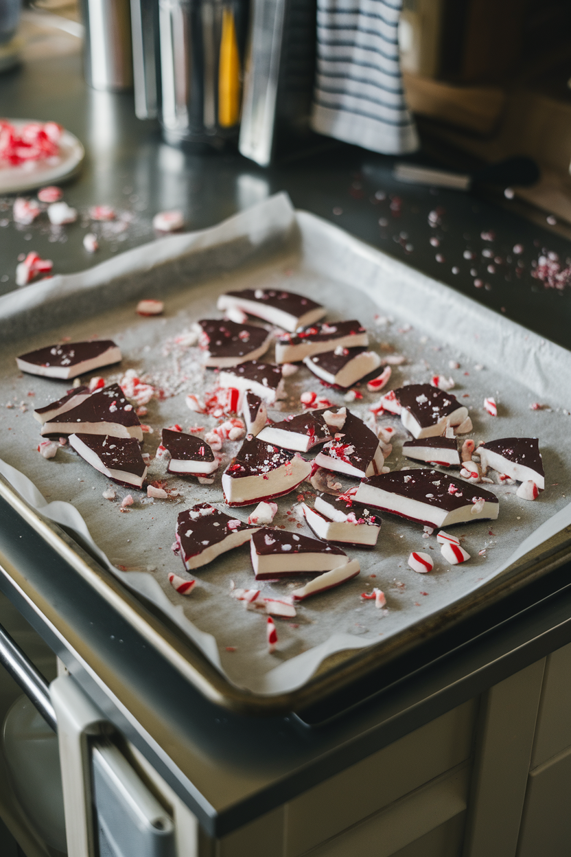 A baking sheet on a kitchen island lined with broken shards of dark-and-white peppermint bark, crushed candy canes sprinkled on top. Soft indoor lighting, no text or logos visible.</Prompt