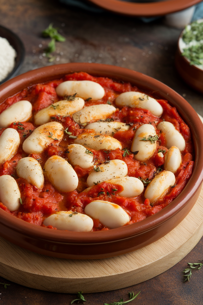 A clay indoor dish of large white beans baked in tomato sauce with herbs, lightly browned on top; no text or logos.