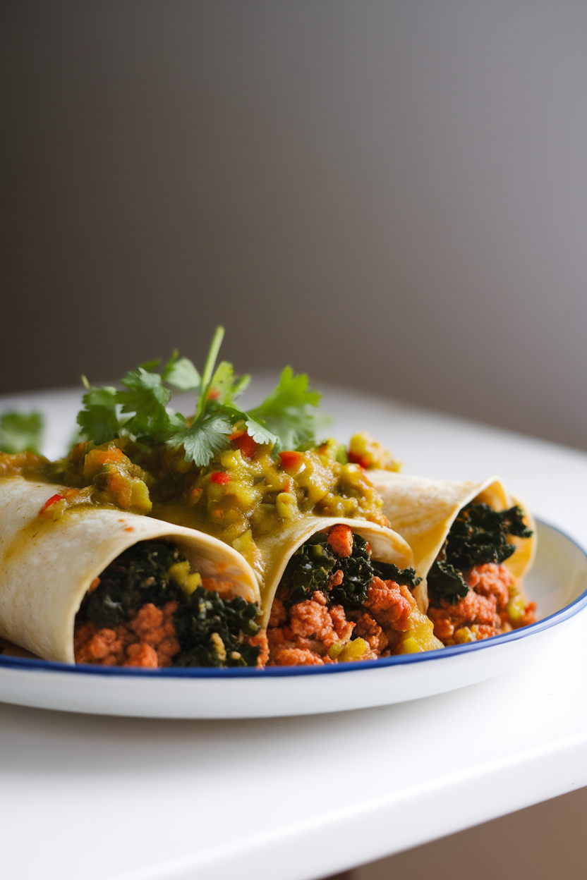 A photo of rolled corn tortillas stuffed with spicy ground turkey and dark green kale, blanketed in bright green tomatillo salsa, shot indoors under soft light. No text or logos.