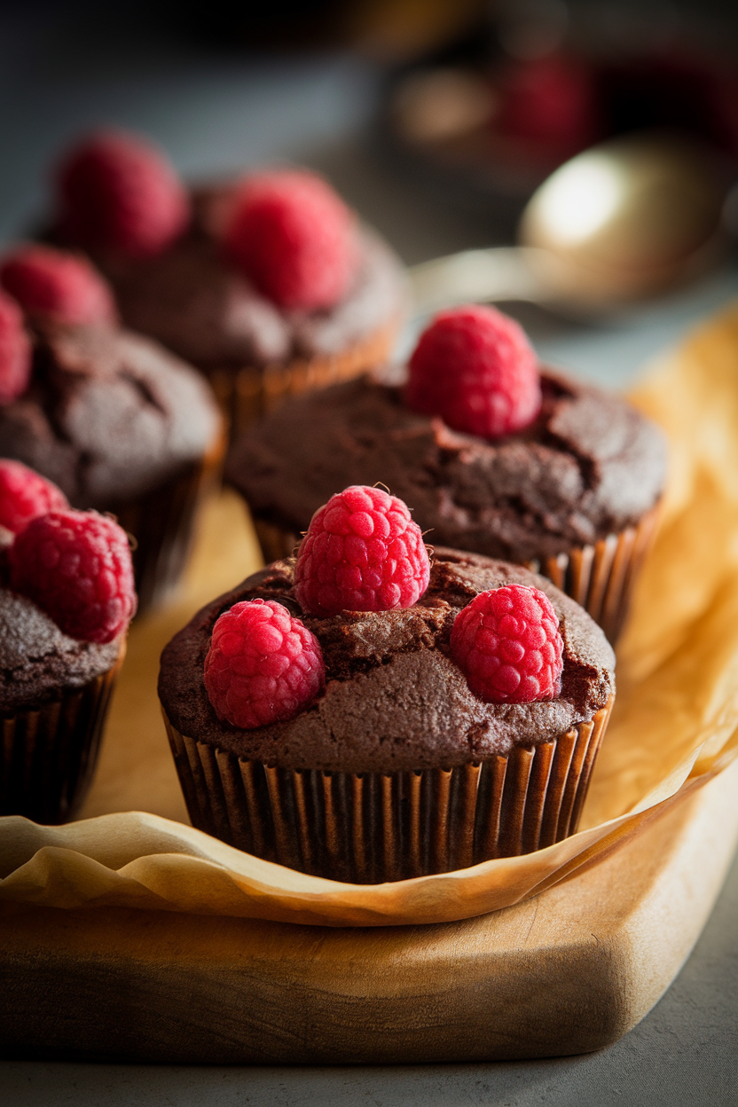 Indoor photo of dark chocolate muffins with whole raspberries peeking through, rich lighting, no text or logos