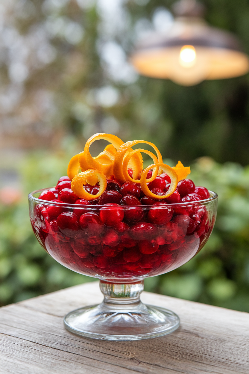 Indoor photo of fresh cranberry relish in a glass bowl, orange zest curling on top, no text or logos.