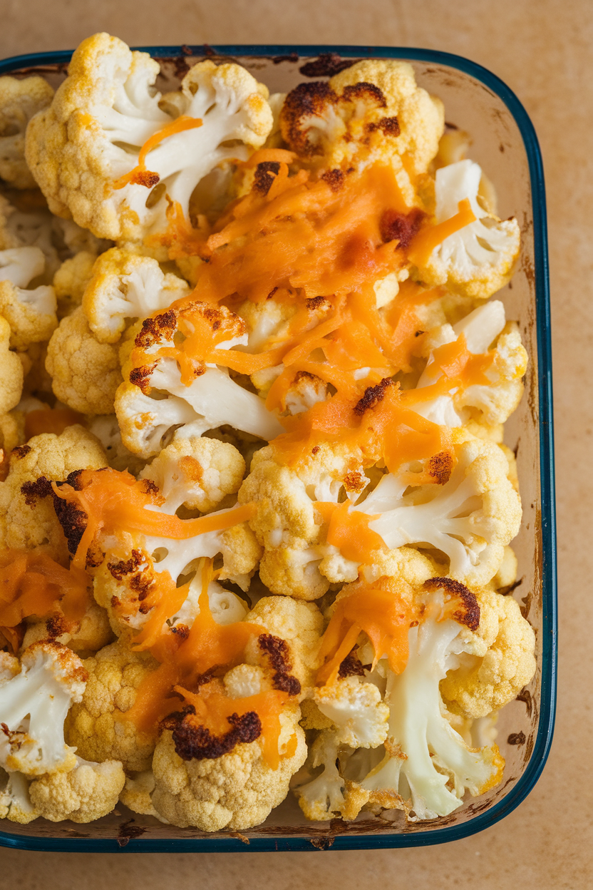Indoor casserole dish filled with cheesy cauliflower florets topped with browned cheddar. No text or logos. Photo, not illustration.