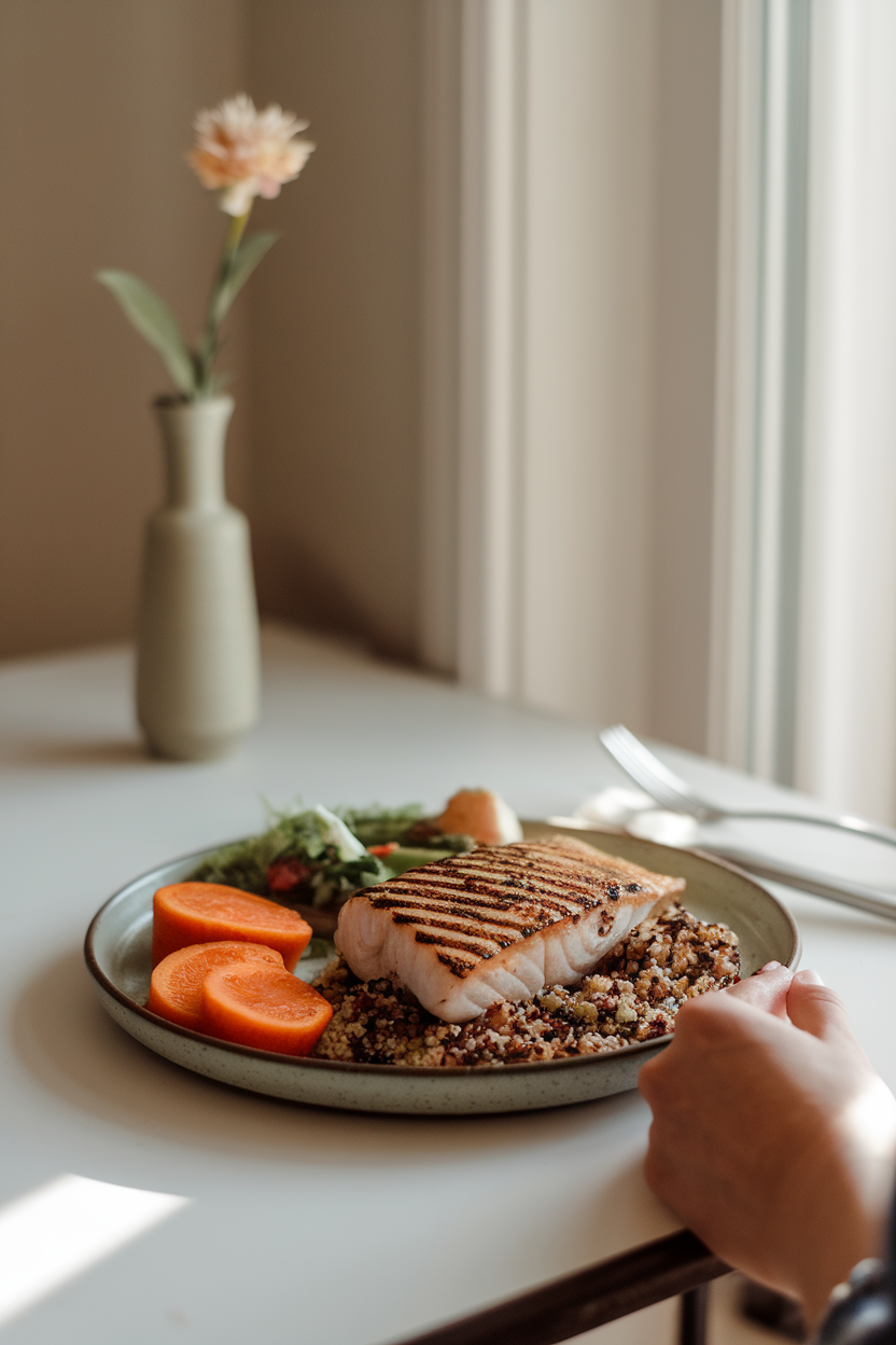 A softly lit indoor dining room showing a partially eaten balanced plate—grilled fish, quinoa, and vegetables—pushed slightly away from the diner’s hands, emphasizing mindful stopping point. No text or logos. Photo.