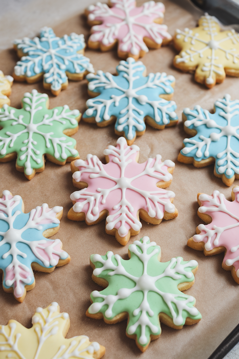 Photo of assorted snowflake sugar cookies drying on a parchment-lined tray indoors, each flooded with pastel royal icing; no text or logos.
