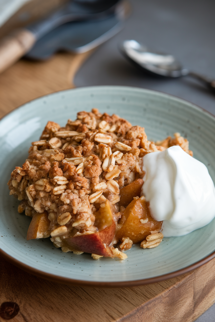 An indoor dessert plate with a serving of warm pear oat crumble, a scoop of vanilla yogurt on the side. No text or logos.