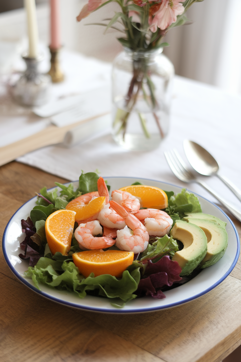 Photo of a salad plate featuring mixed greens, cooked shrimp, orange segments, and avocado slices, indoor luncheon scene. No text or logos.</Prompt