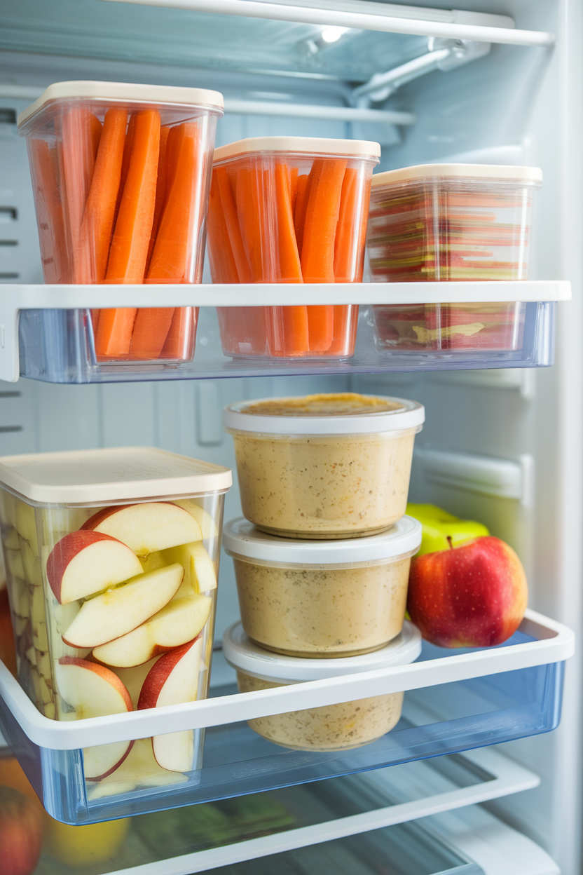 An indoor refrigerator door shelf stocked with pre-portioned containers of carrot sticks, hummus, and apple slices—photo, no logos or text.