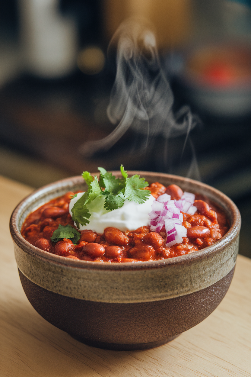 A ceramic indoor bowl of thick bean chili topped with sour cream, cilantro, and chopped red onion, steam wafting upward. No text or logos visible.