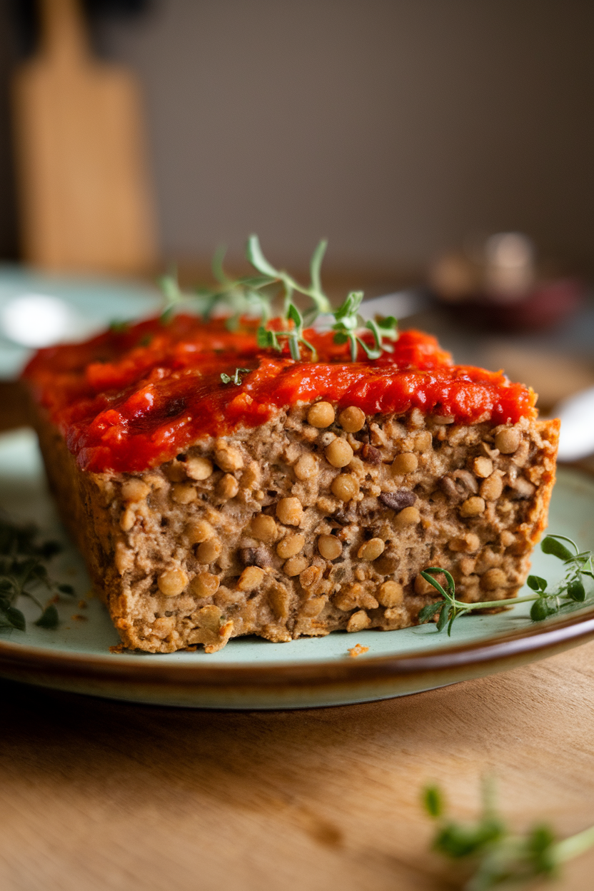 A slice of baked lentil-mushroom loaf on a dinner plate, topped with tomato glaze, indoors under soft lighting. No text or logos.