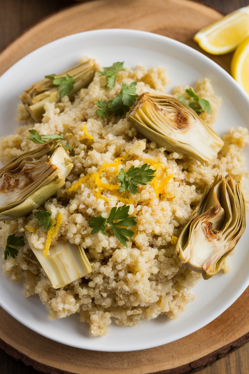 Indoor plate of fluffy quinoa mixed with artichoke hearts, lemon zest, and parsley. No text or logos present.