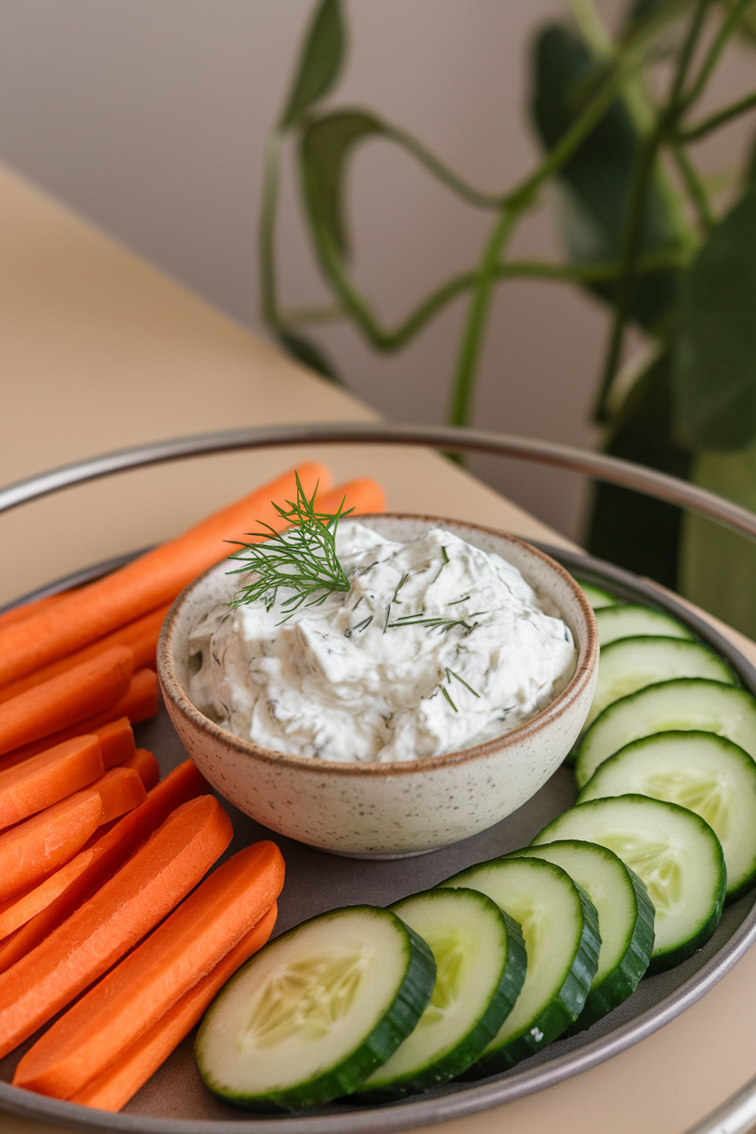 Small bowl of creamy cottage cheese dip with dill beside sliced cucumbers and carrots on an indoor tray, no text or logos.