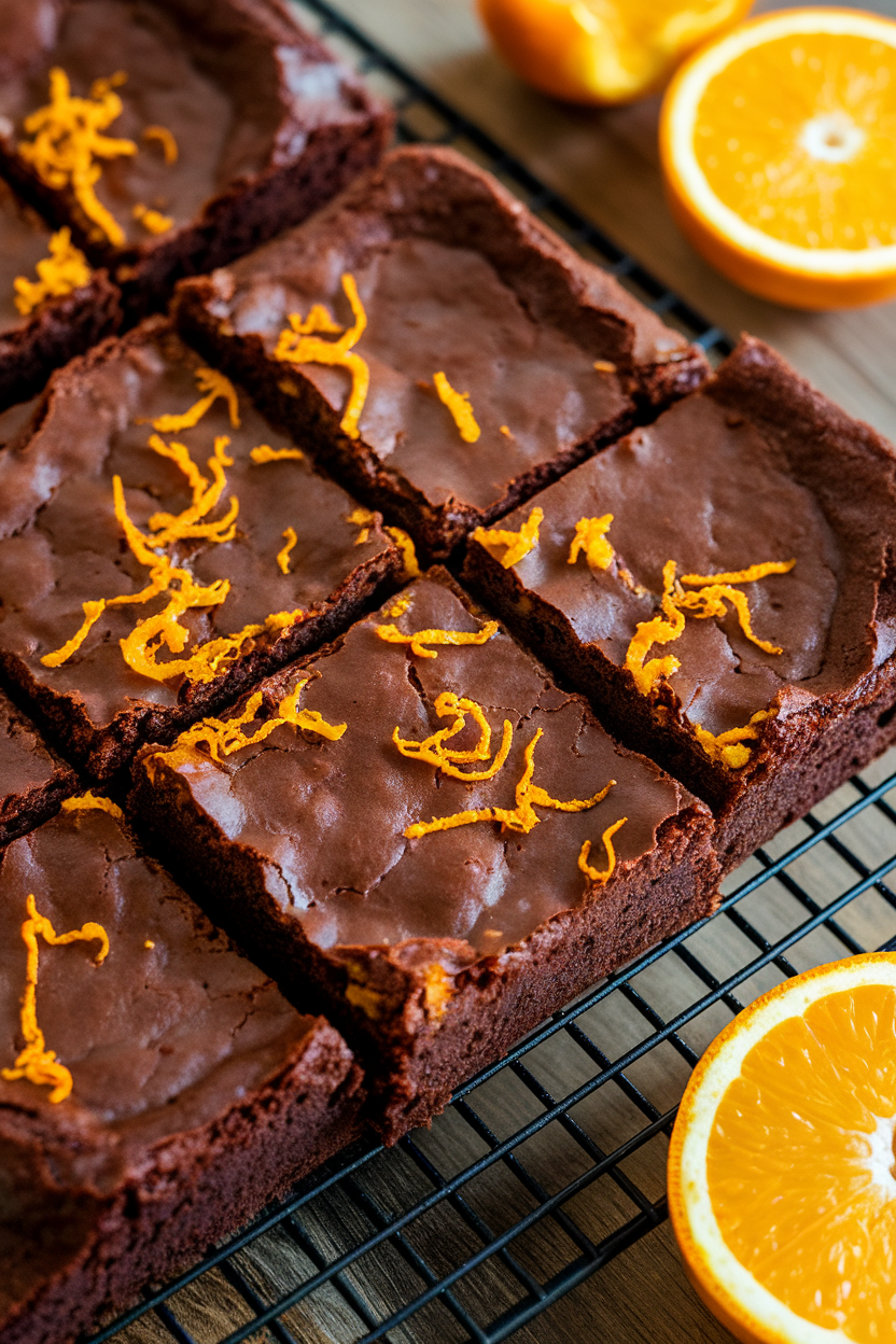 Photo of fudgy brownie squares with orange flecks on a cooling rack indoors. No text or logos.