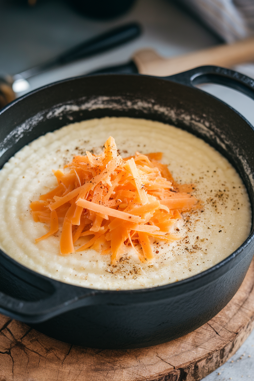 Indoor cast-iron pot filled with creamy grits topped with shredded smoked gouda and cracked pepper. No text or logos.