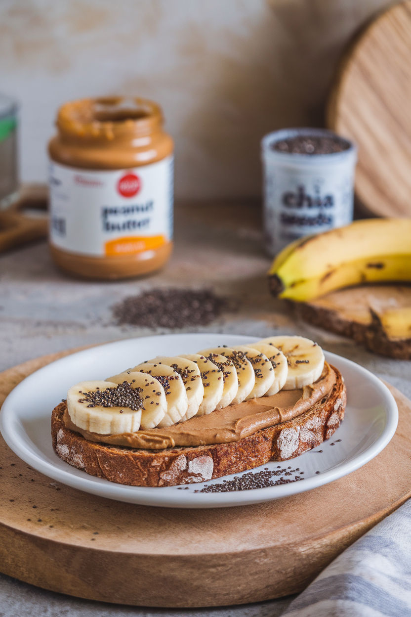 An indoor photo of whole-grain toast spread with peanut butter, neatly arranged banana coins, and a sprinkle of black chia seeds on a small plate. No text or logos.