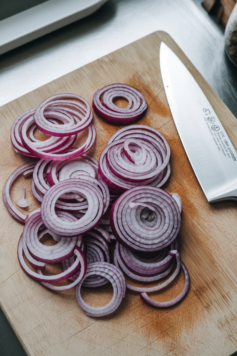 Indoor cutting board with thinly sliced red onion rings, a chef’s knife resting nearby; no text or logos. Photo.