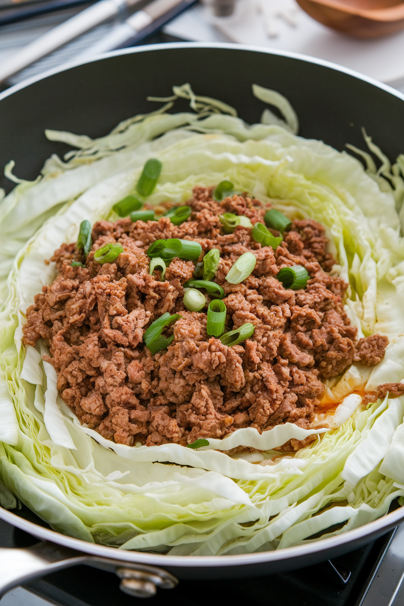 Indoor frying pan with shredded cabbage and ground beef in a light soy glaze, green onions sprinkled on top—no text or logos.