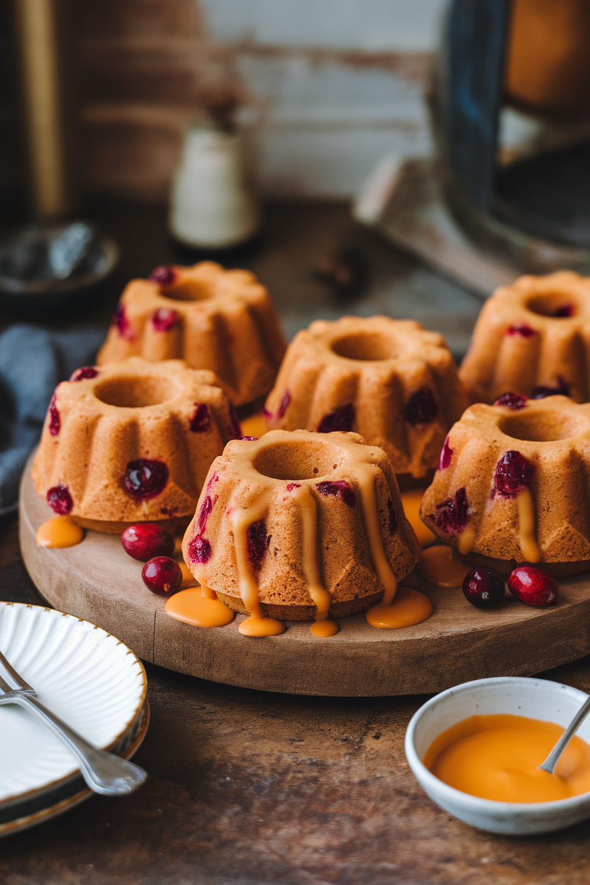 Several mini bundt cakes flecked with cranberries and drizzled with orange glaze, indoor setting. No text or logos.</Prompt