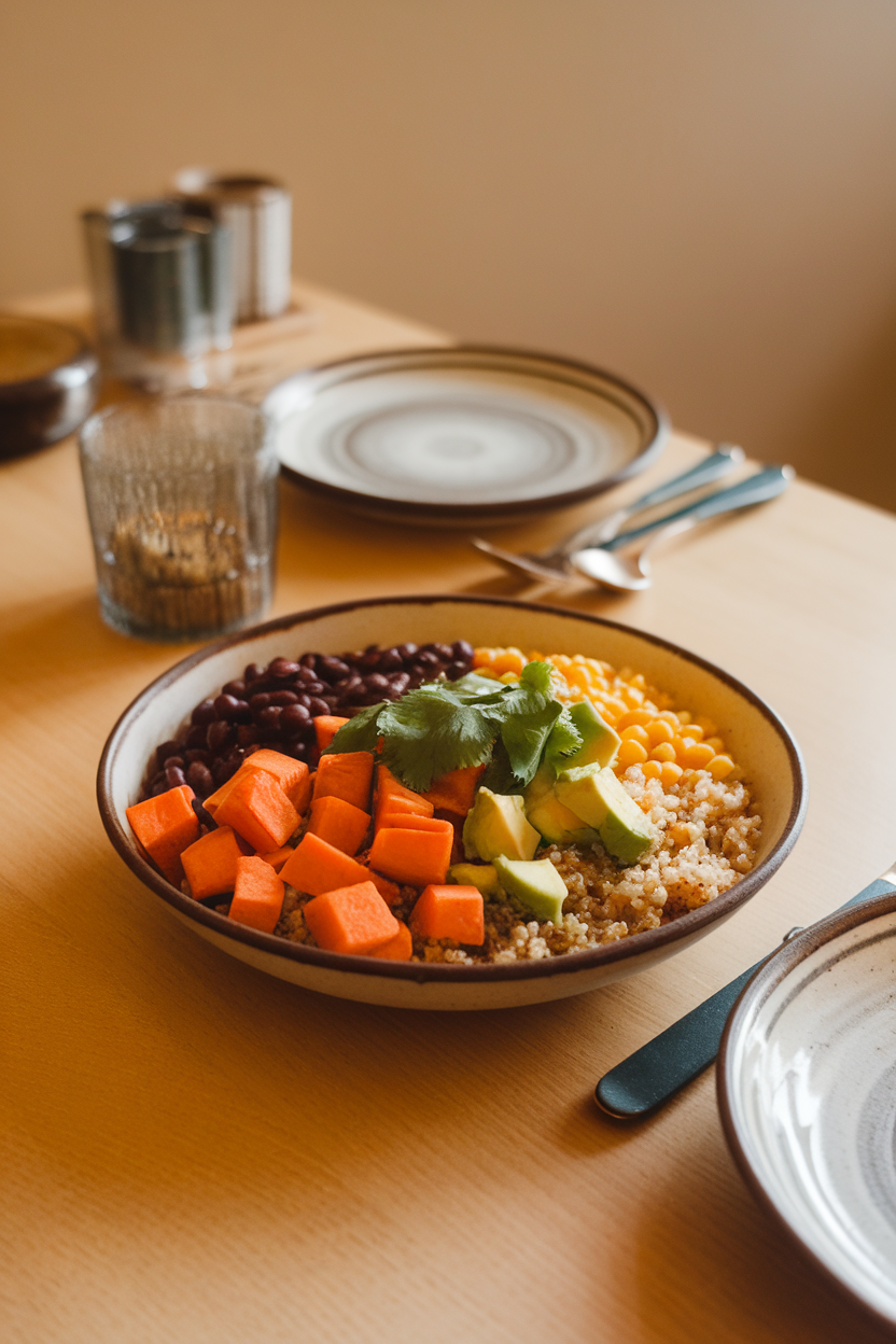 An indoor dinner table with a bowl containing roasted sweet potato cubes, black beans, corn, diced avocado, and a sprinkle of cilantro over quinoa. No logos or text anywhere. Photo, not illustration.