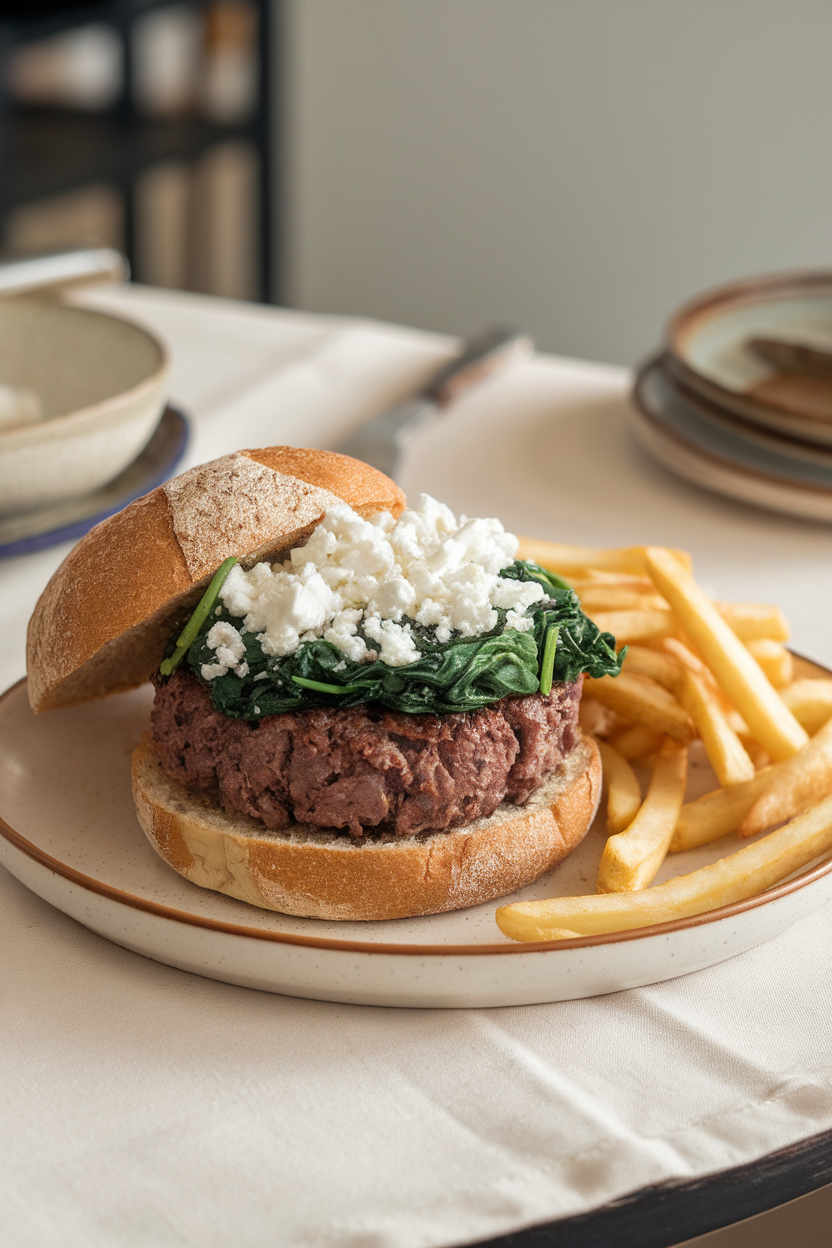 Photo of a cooked lamb burger topped with wilted spinach and crumbled feta on a whole-grain bun, indoor table setting; no text or logos; photo, not illustration