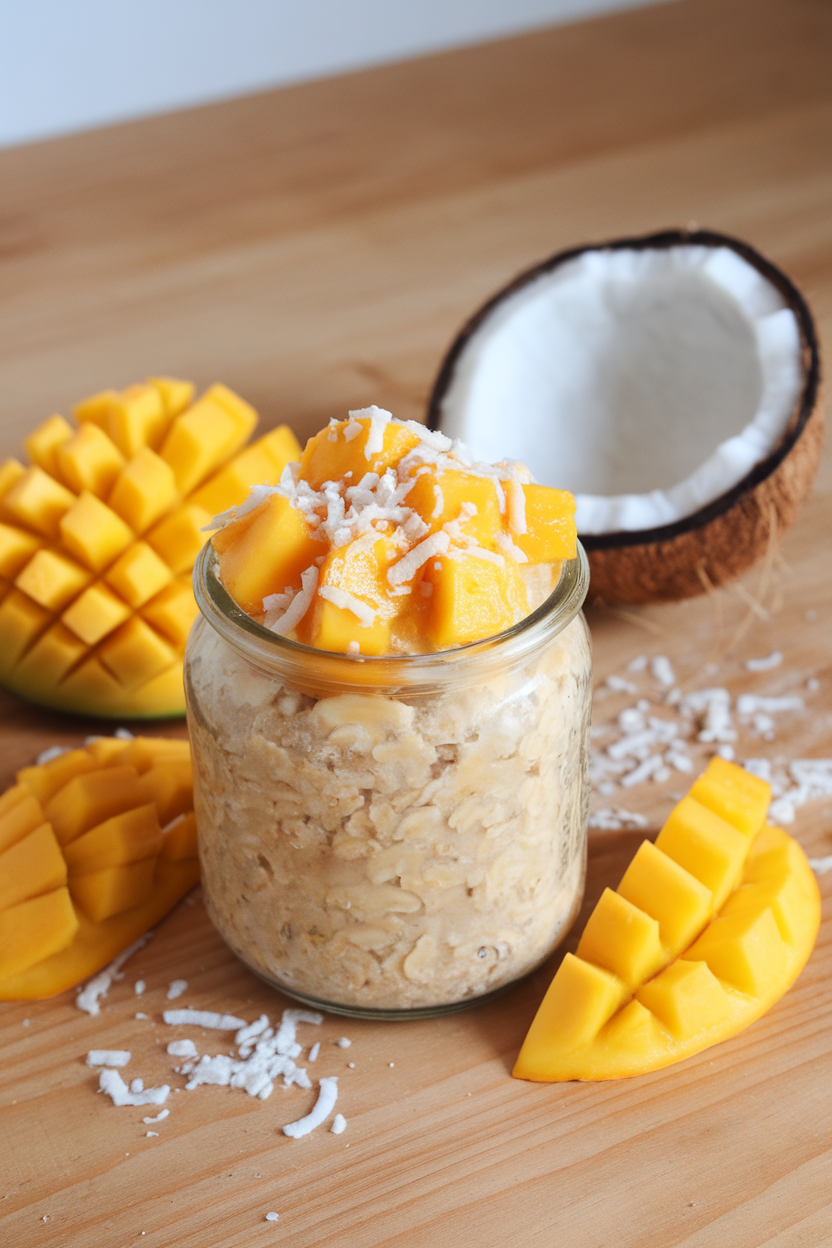 Indoor photo of tropical oatmeal topped with mango chunks in a glass jar; no text or logos