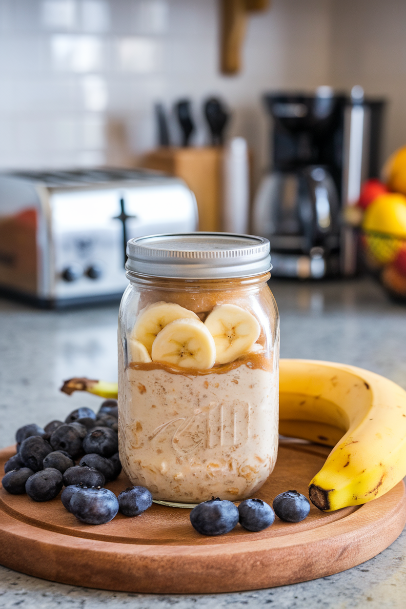 Mason jar filled with creamy oats swirled with almond butter and sliced banana on a kitchen countertop, no text or logos.