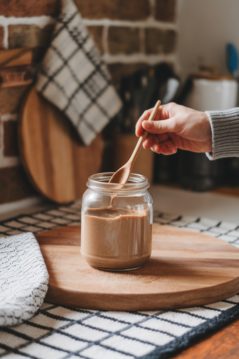 A clear glass jar of smooth almond butter inside a cozy kitchen scene, lid off with a small wooden spoon dipped in, no text or logos, photo.