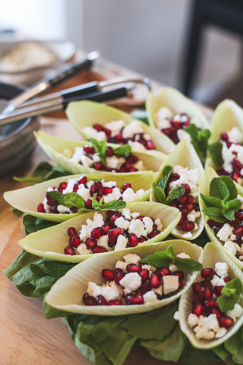 A bright indoor serving board featuring endive leaves filled with crumbled feta, ruby pomegranate seeds, and mint—photo, no text or logos.