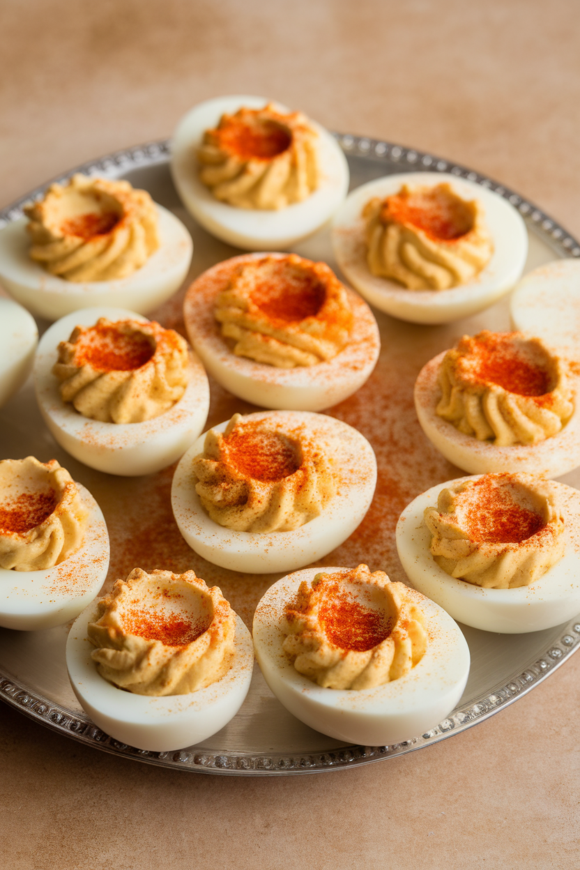 Indoor photo of halved hard-boiled eggs filled with creamy yogurt-based yolk mixture, sprinkled with paprika, arranged on a classic egg platter. No branding or text.