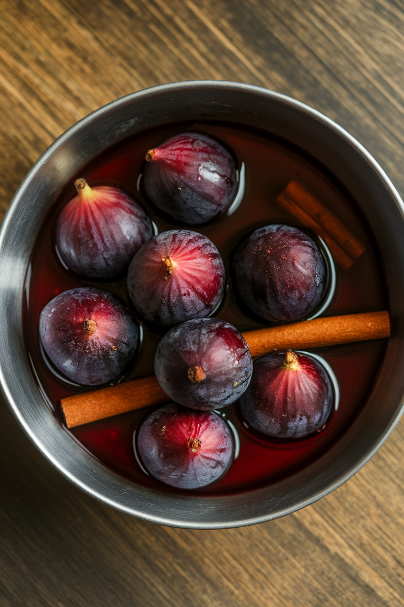 A shallow indoor bowl of plump figs in ruby red-wine syrup with a cinnamon stick visible; no text or logos.