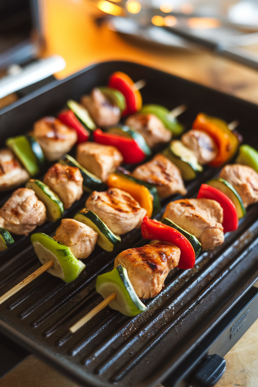 An indoor grill-pan scene with skewers of cooked chicken chunks, bell peppers, and zucchini, lightly charred and brushed with coconut-lime glaze. No text or logos; photo.