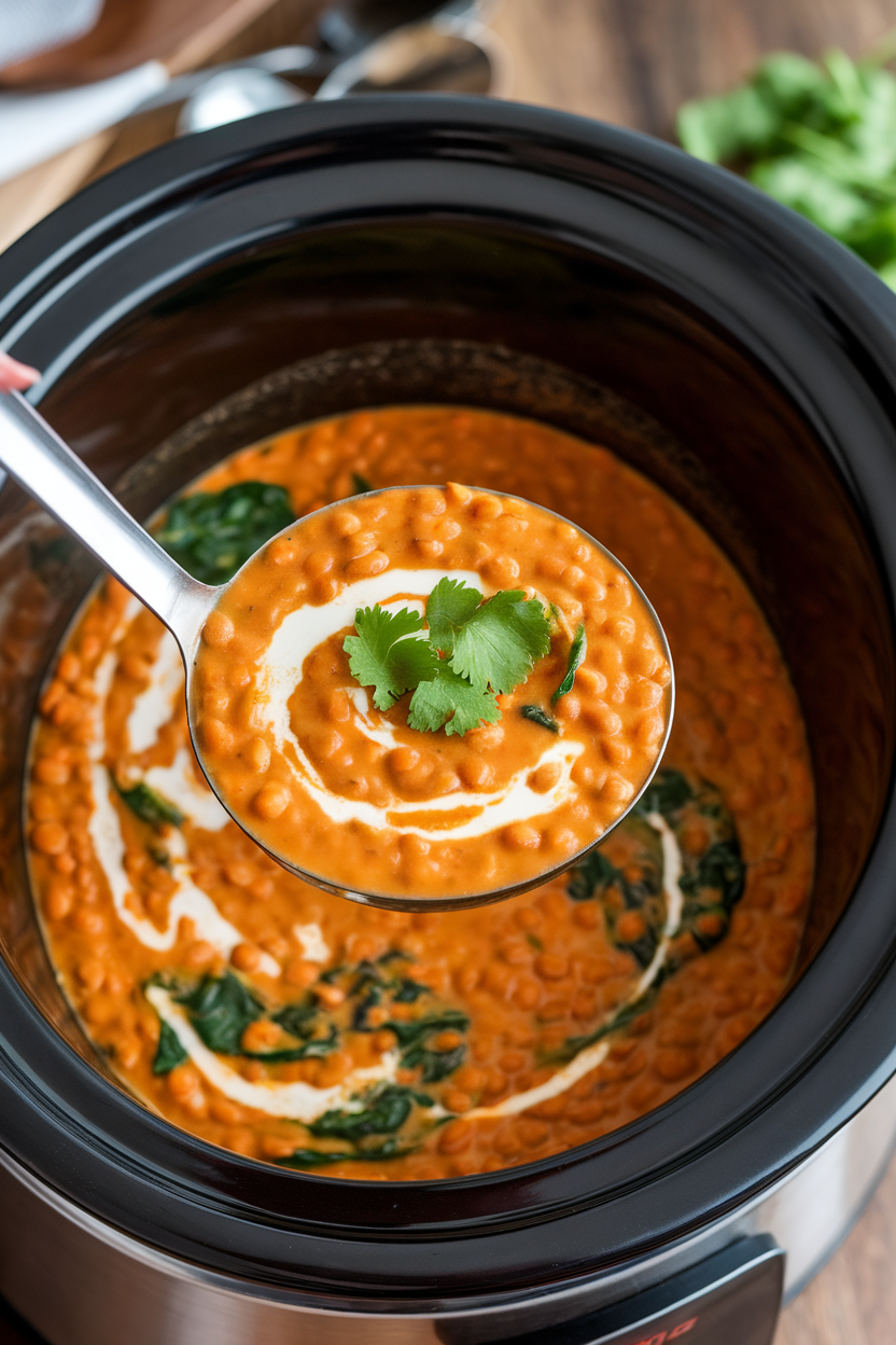 Indoor photo of a ladle lifting creamy orange lentil soup flecked with spinach and coconut milk swirls from a slow cooker. No text or logos visible.