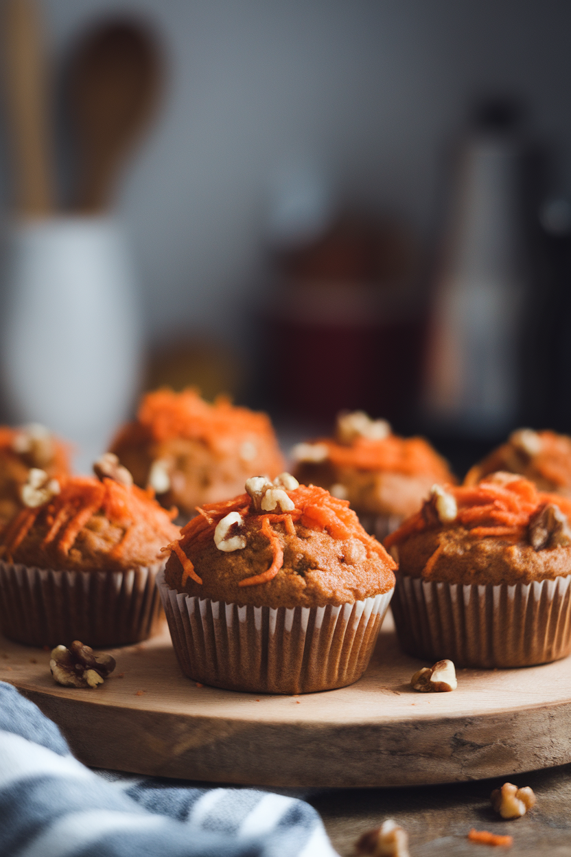 Indoor photo of carrot cake muffins dotted with grated carrot and walnut pieces on a wooden board, no text or logos