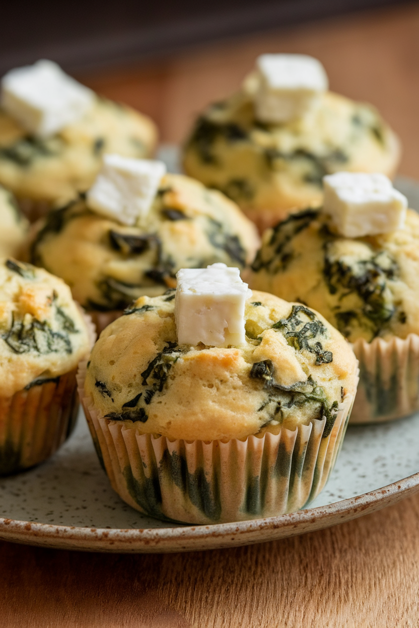Indoor photo of spinach feta muffins with visible green flecks and feta cubes, ceramic plate, no text or logos