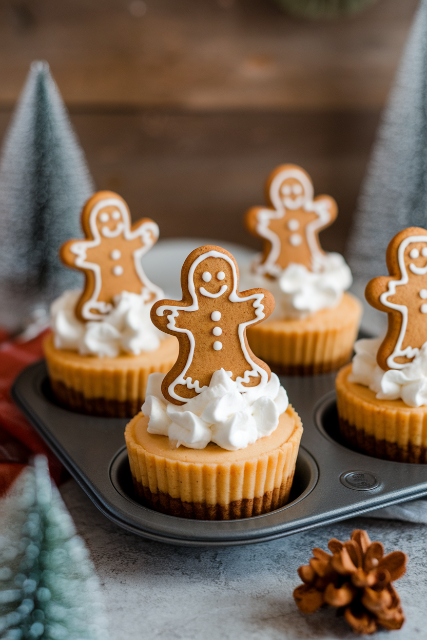 Muffin-tin gingerbread cheesecakes topped with whipped cream, displayed on an indoor surface, no text or logos.</Prompt
