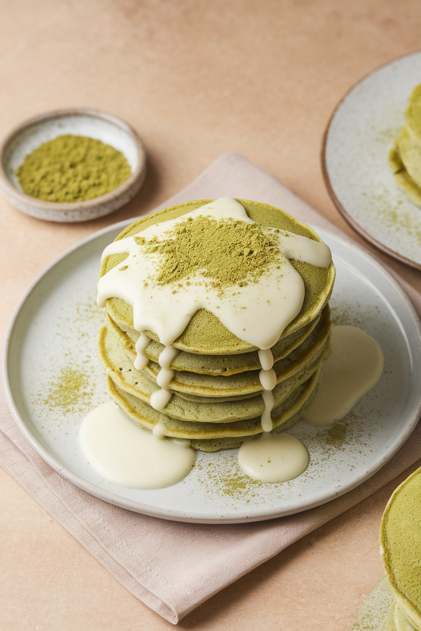 Indoor photo of light green matcha pancakes accented with melted white chocolate drizzle and matcha powder dusting; no text or logos.
