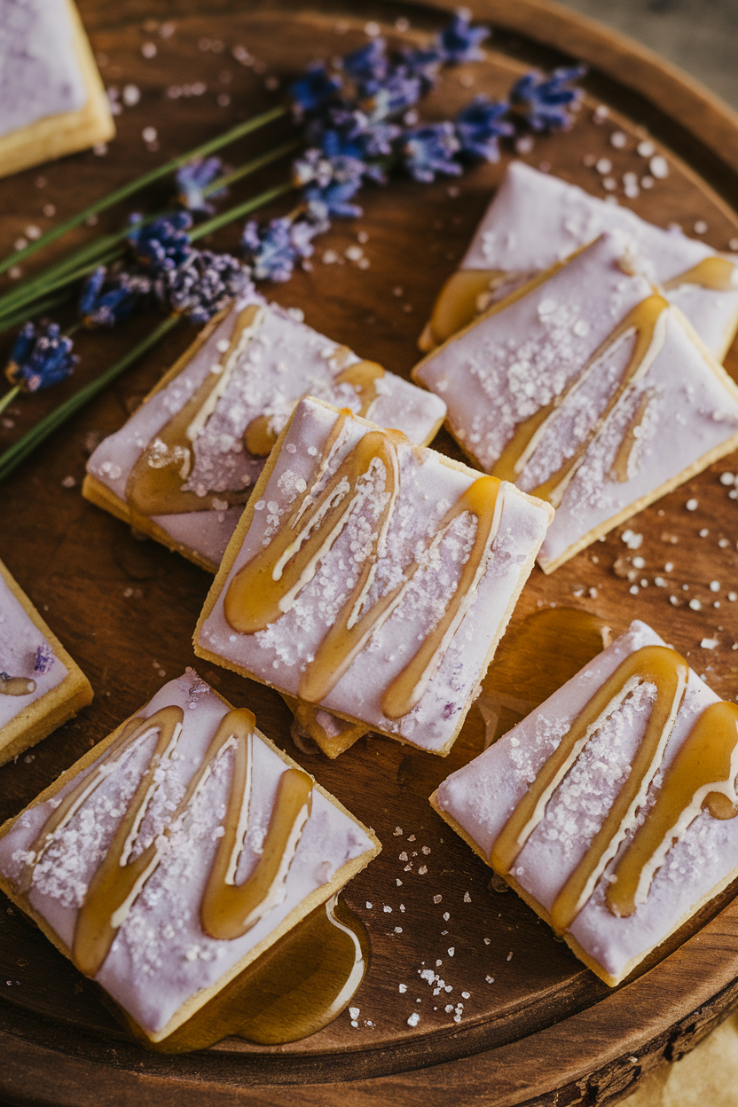 Photo prompt: Delicate lavender shortbread cookies drizzled with honey on a serving board indoors, no text or logos.