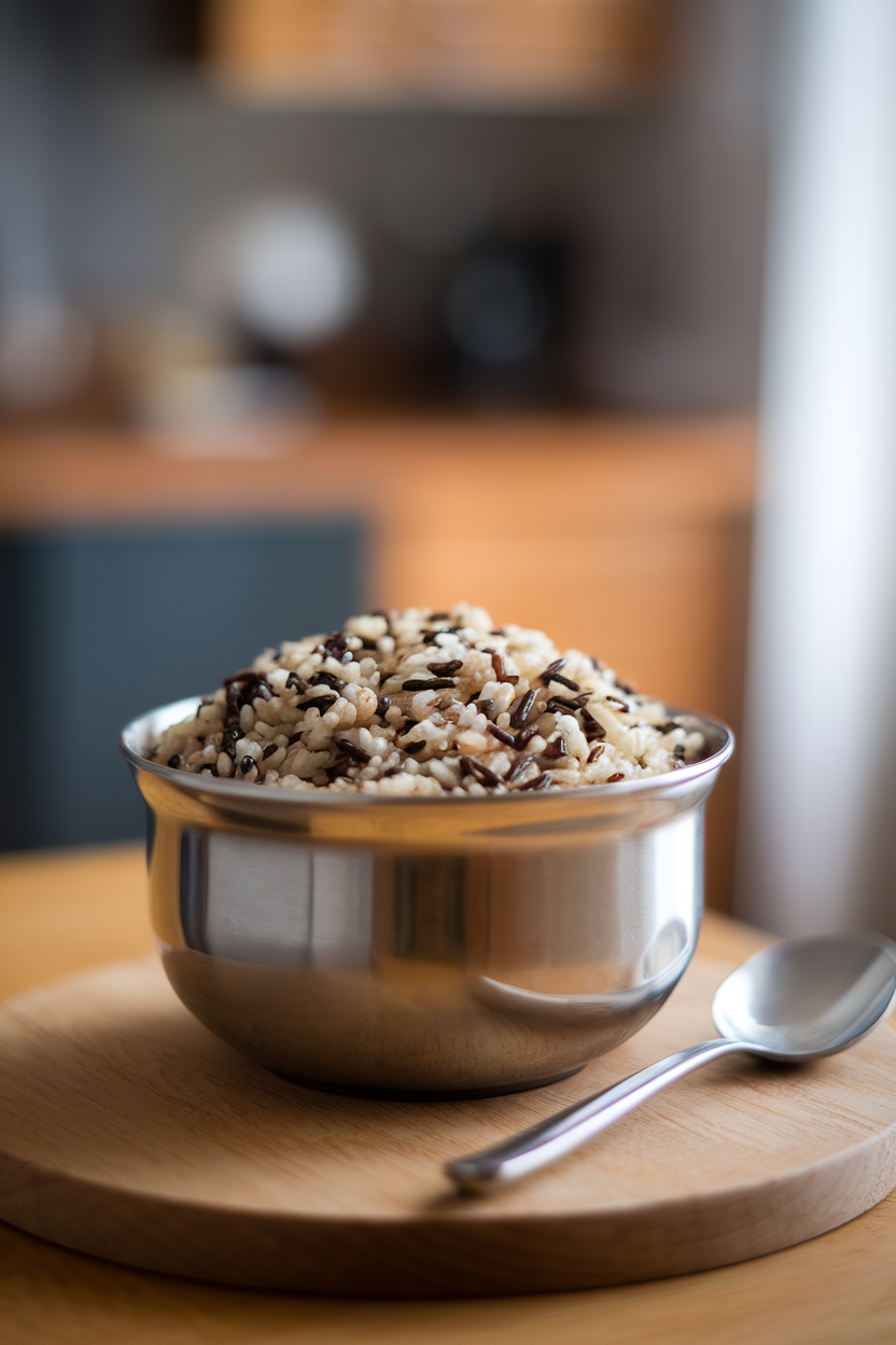 Indoor rice cooker bowl with cooked wild rice blend, serving spoon inside—photo.