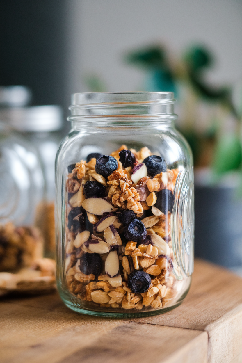 An indoor glass jar filled with chunky blueberry almond trail mix clusters, lid off beside it. Photo, no text or logos.