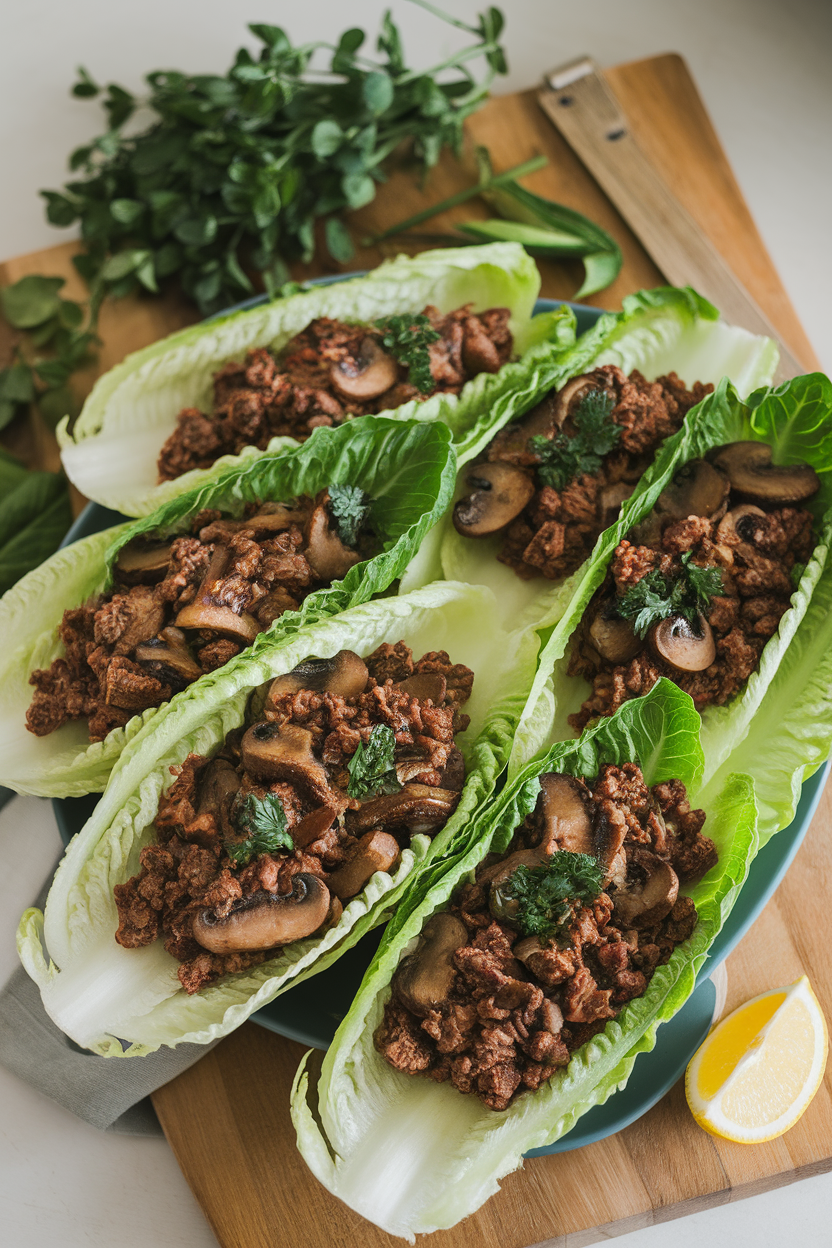 A platter indoors featuring crisp romaine leaves filled with sautéed mushrooms and minced beef mixture. No text or logos; photo only.