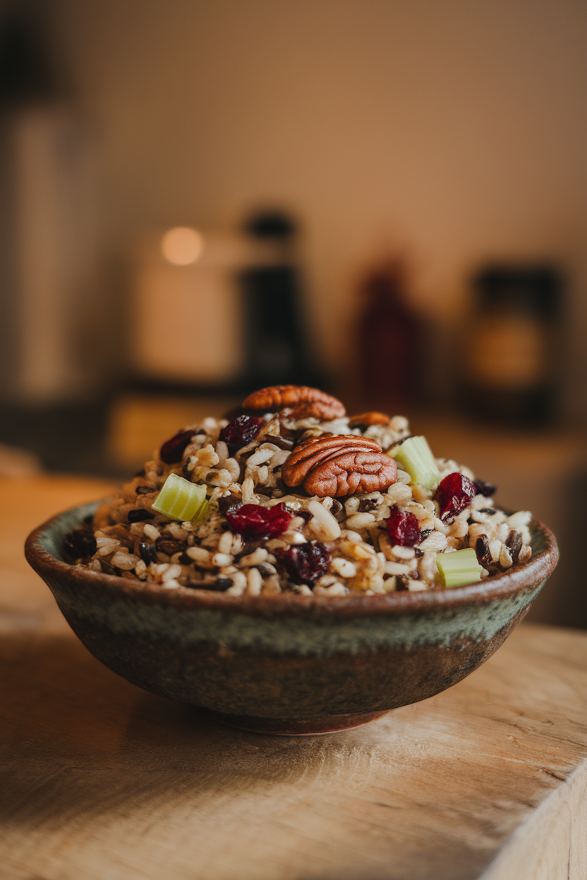 Indoor photo of wild rice salad with dried cranberries, toasted pecans, and celery in a rustic bowl. No text or logos.