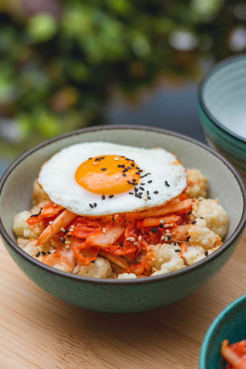 An indoor bowl featuring cauliflower rice stirred with kimchi, fried egg on top, and sesame seeds sprinkled over. No text or logos. Photo, not illustration.