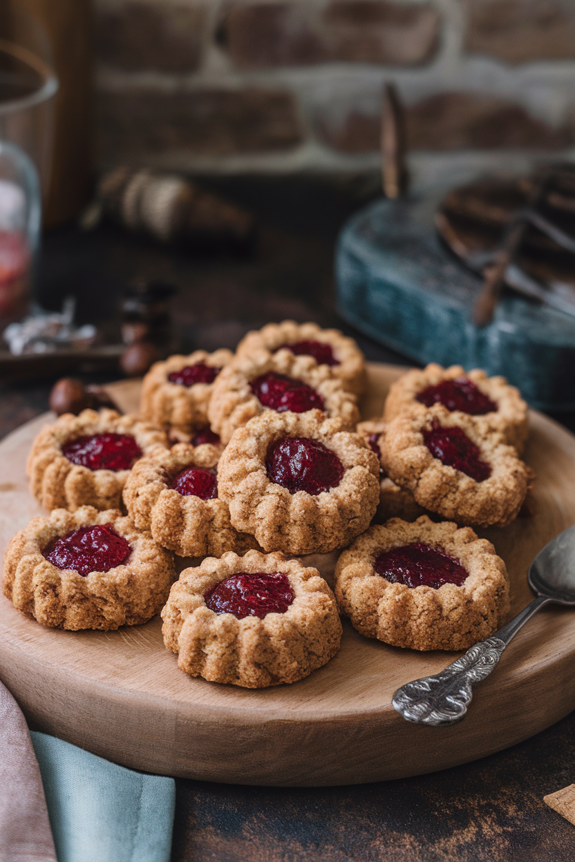 Photo prompt: A wooden board indoors holding buckwheat hazelnut thumbprint cookies filled with raspberry jam, no visible text or logos.