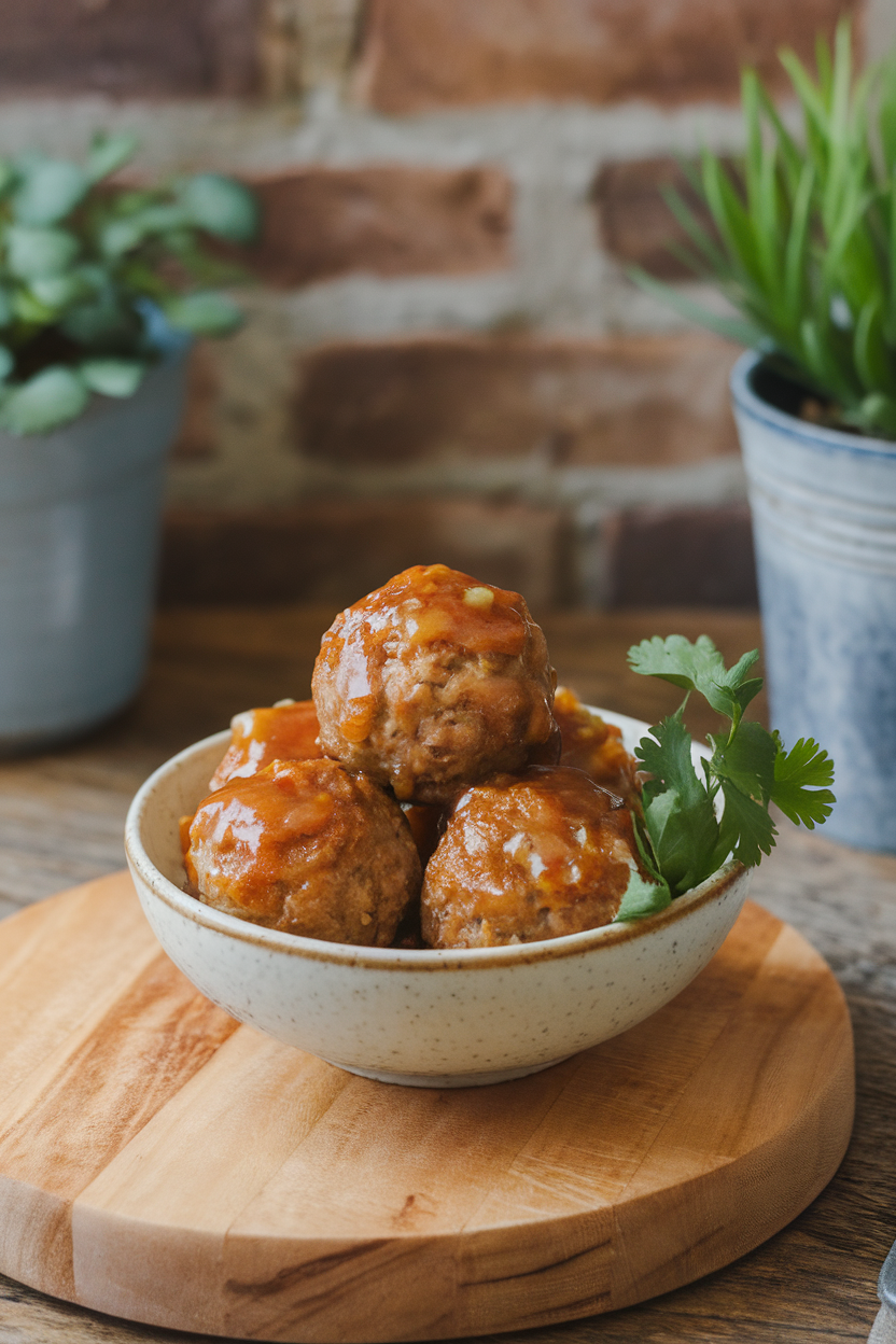 Small bowl of cooked turkey meatballs glazed with coconut-lime sauce, cilantro garnish, indoor setting, no text or logos.