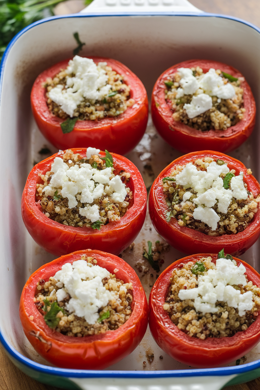 Indoor casserole dish of roasted beefsteak tomatoes filled with herbed quinoa and feta crumbles; no text or logos, photo style.