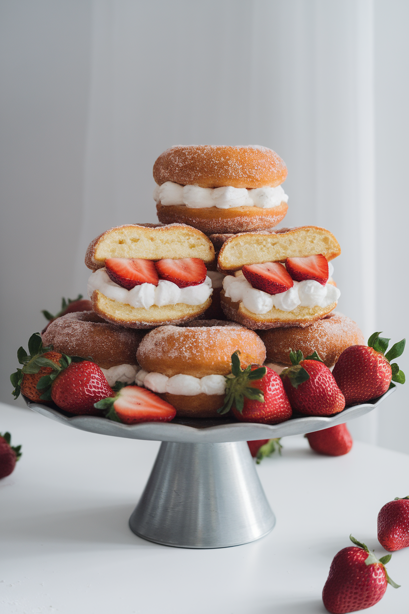 An indoor cake stand stacked with sugar-coated baked doughnuts split and filled with whipped cream and sliced strawberries, no text or logos.