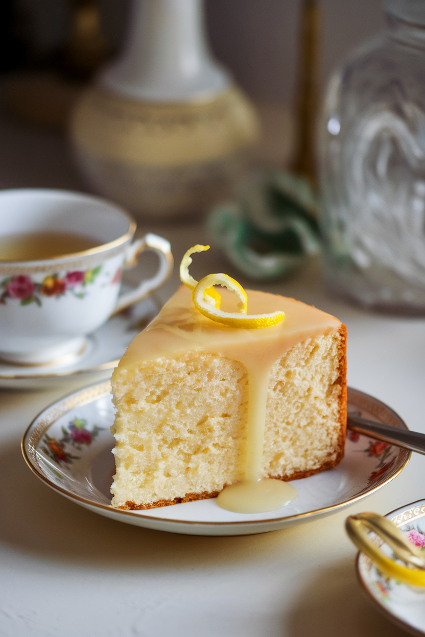 A softly lit indoor tea-time setting with a slice of dense ricotta pound cake, thin lemon glaze dripping and a twist of lemon zest. No text or logos. Photo, not illustration.